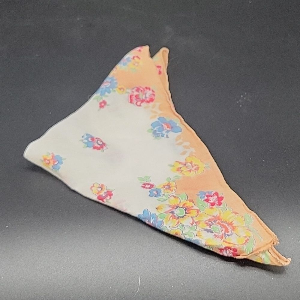Vintage Cream and Orange Floral Handkerchief with Blue, Red and Yellow Flowers